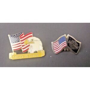 2- Vintage Harley Davidson Motorcycle Hat Lapel Pins Eagle Flag UNITED WE STAND